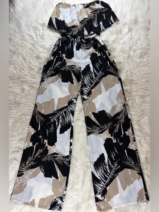 Mahina ~ Strapless Jumpsuit ~ in Black/Tan/White Palm Leaves Print - Picture 5 of 16